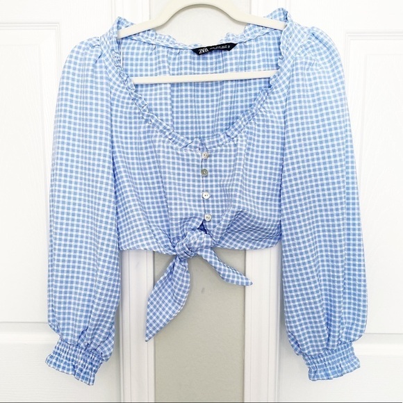 ZARA Blue Gingnam Crop Top button Down Balloon Sleeve - Picture 2 of 7